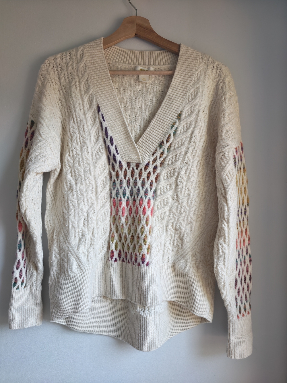 Maeve By Anthropology Cream Cable Knit V-Neck Sweater with Multicolor Size S